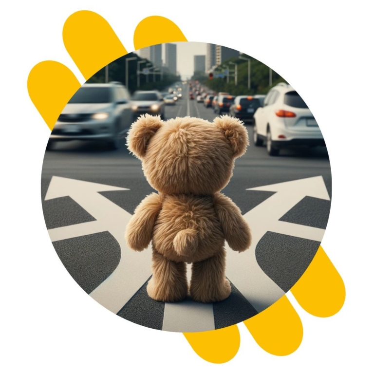 Teddy est perdu devant la route. Il doit apprendre la théorie permis de conduire.